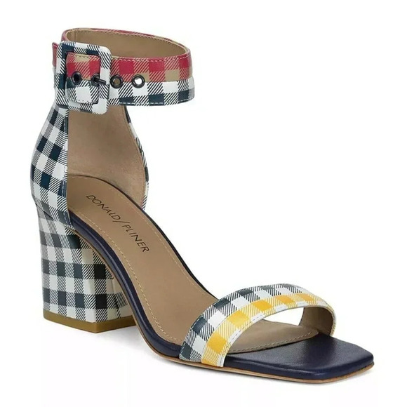 Donald Pliner Women's Watson Gingham-Print Leather Heel Sandal Size 9 MSRP $198